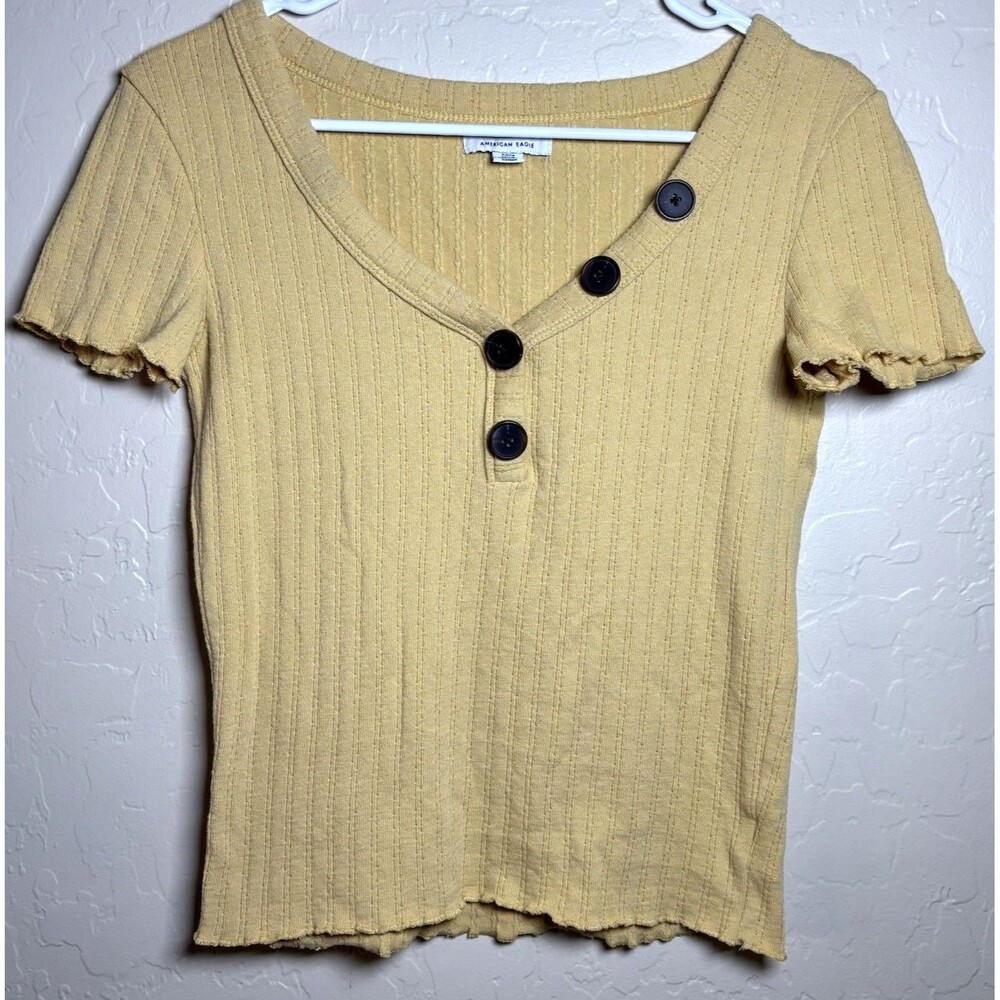 American Eagle Womens S Mustard Yellow Ribbed Henley Top Asymmetrical Y2K